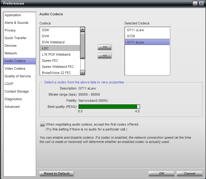 configuration of Audio Codecs